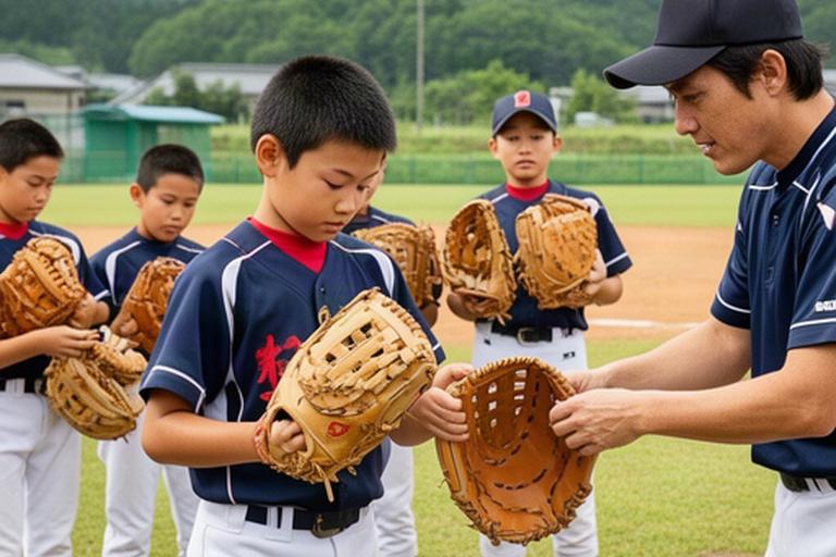 六戸町の少年野球チームがグラウンドで新しいグローブを試している様子